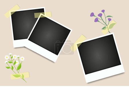 Trendy retro instant photo frames. Realistic photo frame mockup. Mood board of blank photo frames for memories. Snapshots glued with color adhesive tape. Vector illustration