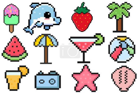 Illustration for Summer pixel set of icons, vintage, 8 bit, 80s, 90s games, computer arcade game items, beach umbrella, sun, sunglasses, juice, Dolphin, palm, seashell, starfish, suitcase, watermelon. Y2K Fashion Icon - Royalty Free Image