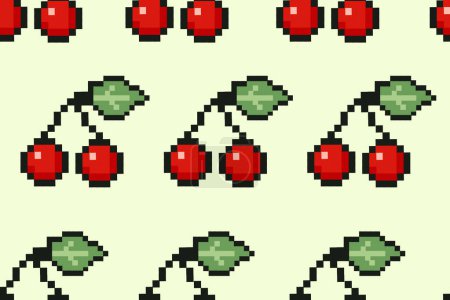Pixel cherry pattern. Summer pixel art cherry pattern, summer bright and colorful seamless pattern for backgrounds, wrapping, social media, decoration, paper, wrapping. Vector illustration