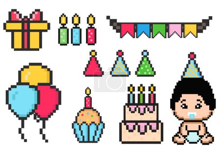 Téléchargez les illustrations : Joyeux anniversaire icônes pixel, célébration, 8 bits, 80 années 90 style de jeu d'arcade vieux, icônes pour jeu ou application mobile, gâteau, couronne, ballons, bougie, cadeau, bébé, cupcake, illustration vectorielle - en licence libre de droit