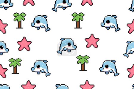 Summer pixel pattern with cute dolphin, seashells and palm for children. Trendy pattern for textile design, wallpaper, wrapping paper, scrubbing, children's parties, stickers, notebook cover.