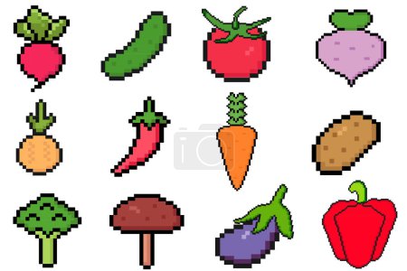 Gemüse Pixel Art Icon Set, für mobile Apps und Game Design, isoliertes Retro Game Design. Frisches Gemüse Logo Kollektion. 8-bit-Sprite. Spieleentwicklung, mobile App. Isolierte Vektorillustration.