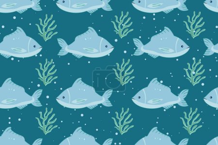 Sommer nahtloses Muster mit niedlichen Meeresfischen auf blauem Hintergrund. Trendiges Muster für Textildesign, Tapeten, Geschenkpapier, Schrubben, Kinderfeste, Aufkleber, Notizbucheinband.