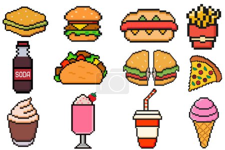 Set de iconos de arte de píxeles de comida rápida, elementos pixelados de restaurante rápido hamburguesa, hot dog, taco, pizza, café, soda. Vendimia activos de juego sprite de 8 bits.