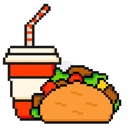 Fast food pixeled art tacos and a drink. Trendy retro pixel art design style. 80s-90s, digital vintage game style. Vintage game assets 8-bit sprite.