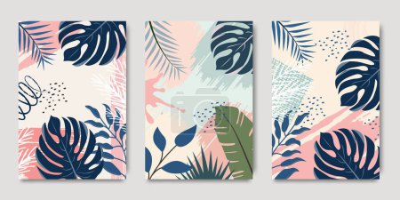Illustration for Botanical background in contemporary minimal style. Modern shape line art, foliage, botanical, tropical leaves. Design for wall framed prints, canvas prints, poster, home decor, cover, wallpaper - Royalty Free Image