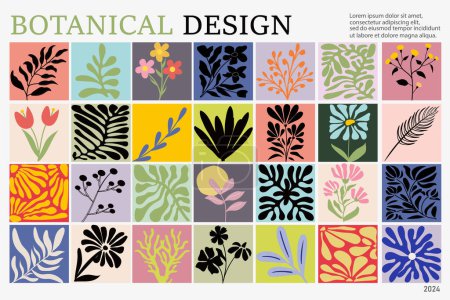 Abstrait Matisse affiches florales. Fond botanique moderne dans un style minimaliste contemporain. Formes de griffes organiques dans le style branché hippie naïf des années 60-70. Modèle de bannière d'impression d'affiche contemporaine.