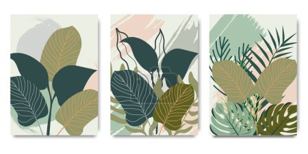 Illustration for Botanical wall art vector set. Tropical foliage line art drawing with watercolor. Abstract Plant Art design for wall framed prints, canvas prints, poster, home decor, cover, wallpaper - Royalty Free Image