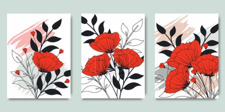  Abstract floral botanical watercolor wall art vector set. Botanical flower line art. Minimal design for home decor, interior, poster, cover, banner. Creative flower and floral geometric frame.