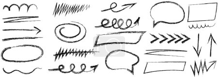 Illustration for Charcoal graffiti scribble stripes, emphasis arrows, handdrawn design. Chalk crayon or marker doodle rouge handdrawn scratches. Vector illustration of lines, waves, squiggles in marker sketch style - Royalty Free Image