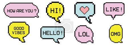 Pixel Art Dialogbox, Akronym für Wort. Sprechblasen in der Stimmung der Ästhetik der 90er Jahre. Vektor 8-Bit-Illustrationsset im Retro-Stil. 8 Bit, 80er, 90er Spiele, Arcade-Computerspiel