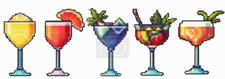 Set of Pixel cocktail icon. Retro 90s gaming 8 bit icon of pixel mosaic glasses of cocktail drink. Vector pixel classic party beverage for game and stickers. Summer vacation icons set