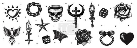 Símbolos Y2k, cadena gótica, corazón, llama, arco, boca, cuchillo de mariposa, boca, espino negro, hoja, espejo roto. Set estético Y2k. Signos de arte del tatuaje de estilo 2000. Pegatinas de tatuaje gótico.