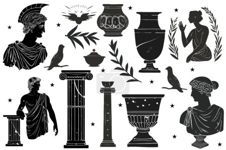 Antique aesthetics statues of mystical god, olive branches, ruined columns and pottery. Vector illustrations of antique statues in trendy bohemian style. For poster design, wall, pattern, collage.