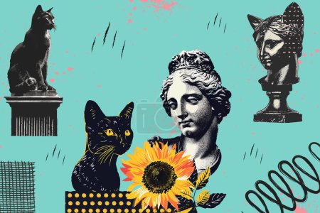 Illustration for Antique aesthetics statues and cats in sunglasses. With monochrome vintage photocopy effect, y2k collage. Stipple halftone retro design elements. Vector illustration for grunge punk surreal poster. - Royalty Free Image
