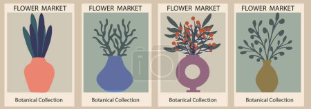Conjunto de carteles abstractos del mercado de flores. Arte botánico moderno de la pared con follaje en el jarrón en colores brillantes. Decoraciones interiores modernas e ingenuas. ilustración de arte vectorial