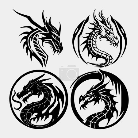 Téléchargez les illustrations : Illustration vectorielle, ensemble de dessins de tatouage de dragon tribal rond, graphiques en noir et blanc - en licence libre de droit