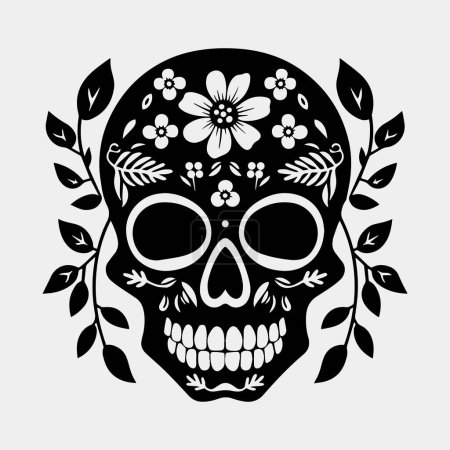 Téléchargez les photos : Crâne humain avec des roses noir et blanc, illustration vectorielle - en image libre de droit
