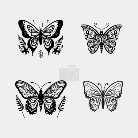 Téléchargez les photos : Ensemble vecteur de ligne de papillon Boho. beau vecteur de papillon isolé sur fond blanc - en image libre de droit