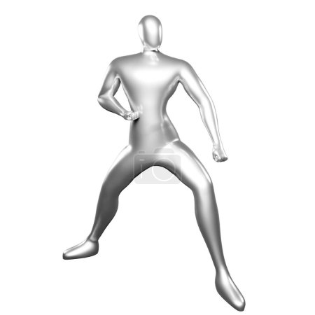 Téléchargez les photos : 3D Render Silver Stickman Karaté Pose en position avec les bras droit près des genoux - Parfait visuel pour les amateurs d'arts martiaux - en image libre de droit