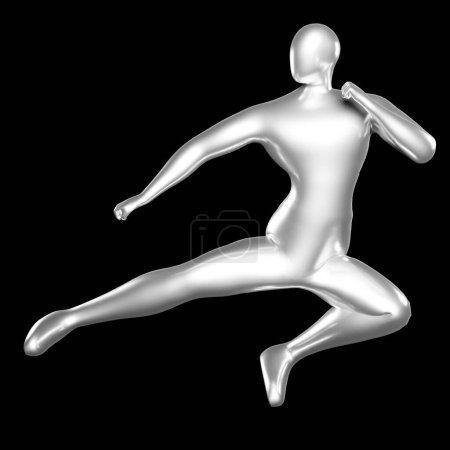 Téléchargez les photos : 3d Render Silver Stickman - Karaté Kicking Pose, effectue des coups de pied volant - en image libre de droit
