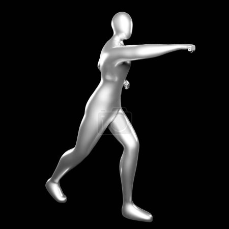 Téléchargez les photos : 3d Render Silver Stickman - Pose de poinçonnage de karaté Faire un poinçon droit vers l'avant - en image libre de droit