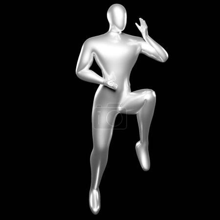 Téléchargez les photos : 3d Render Silver Stickman - Pose de karaté, faire une position debout avec une jambe levée - en image libre de droit