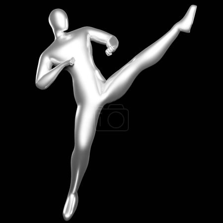 Téléchargez les photos : 3d Render Silver Stickman - Pose de coup de pied de karaté avec les jambes à la hauteur de la tête - en image libre de droit