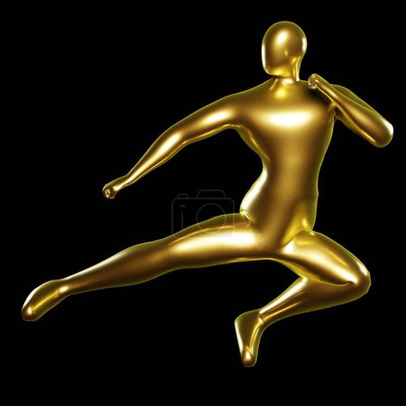 Téléchargez les photos : 3d Render Gold Stickman - Karaté Kicking Pose, effectue des coups de pied volant - en image libre de droit