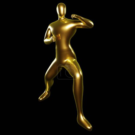 Téléchargez les photos : Stickman en or de rendu 3d - Pose de stand de karaté avec les mains prêtes à frapper - en image libre de droit