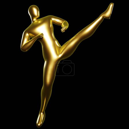Téléchargez les photos : Stickman en or de rendu 3d - Pose de coup de pied de karaté avec les jambes à la hauteur de la tête - en image libre de droit