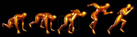 Téléchargez les photos : 3d run bronze stickman figure. Postures du corps du début à la fin. Avec une vue légèrement latérale - en image libre de droit