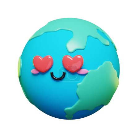 Téléchargez les photos : 3d Émoticônes de personnage émoji mignon et adorable de la Terre ensemble. 3D bande dessinée Terre avec des yeux d'amour émoticône icônes. - en image libre de droit