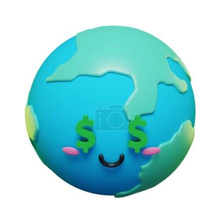 Téléchargez les photos : Mignon et adorable 3d Terre avec des symboles dollar emoji émoticônes de caractère ensemble. 3d icônes de la Terre dessin animé. - en image libre de droit
