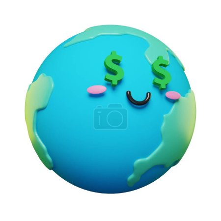 Téléchargez les photos : Mignon et adorable 3d Terre avec des symboles dollar emoji émoticônes de caractère ensemble. 3d icônes de la Terre dessin animé. - en image libre de droit