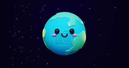 Téléchargez les photos : Adorable et mignon 3d Cartoon planète Terre sur fond d'étoiles spatiales. Bannière ou affiche de la Journée internationale de la Terre mère. Joyeux Jour de la Terre fond conceptuel - en image libre de droit