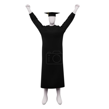 Téléchargez les photos : 3d diplôme figure de graduation pose avec chapeau et robe. Et levant les mains. - en image libre de droit