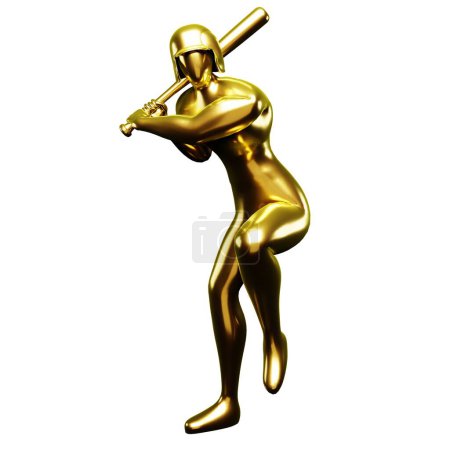 Téléchargez les photos : Clip Art de joueur de baseball en or 3d tenant avec une batte de baseball tout en soulevant une jambe. Vu de face. - en image libre de droit