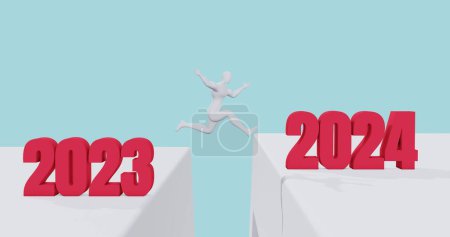 Téléchargez les photos : 3d Man Jump to 2024. Bonne année 2024. Vers 2024 Concept. Illustration 3d - en image libre de droit