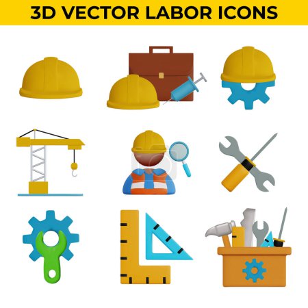 Téléchargez les photos : Ensemble d'icônes vectorielles 3D liées au travail, Construction, Fête du travail, Rénovation. - en image libre de droit