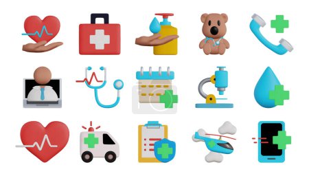 3D Cartoon Icons Set für Krankenhaus und medizinische Versorgung. 3D realistische Vektorillustration.
