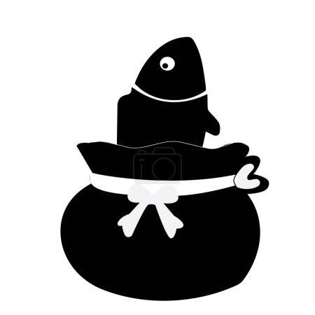 Téléchargez les photos : Icône de poisson avec panier mignon, autocollant noir, caractère animal. illustration vectorielle - en image libre de droit