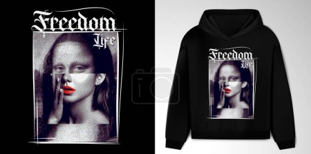 Illustration for Art design of urban of the iconic Mona Lisa bitmap, black hoodie and template. vibrant red lips and pixel art-inspired illustrations, This Freedom Life design merges classical art with modern elements - Royalty Free Image