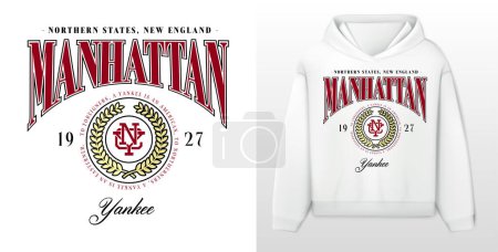 Illustration for Logo slogan graphic, art print college, retro college university with sport, shield and laurel. city manhattan new york, yankee, health and fitness club summer SS23 tennis crest sport - Royalty Free Image