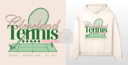 Illustration for Logo slogan graphic, retro tennis club university with sport, shield and laurel. city cleveland, health and fitness club summer SS23 tennis crest sport - Royalty Free Image