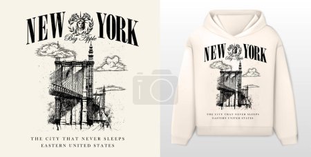 Illustration for Logo slogan graphic, urban new york  sketch and laurel with face Statue of Liberty. victorian design of new york city usa. united of state - Royalty Free Image