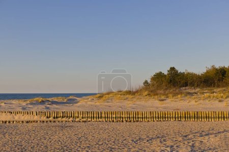 Photo for An empty beach during the golden hour in azy and Uniecie in the West Pomeranian Voivodeship in Poland. - Royalty Free Image