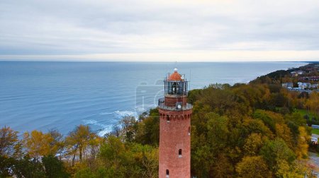 Drone-captured image of Gaski Lighthouse, Poland, on a cloudy November day. The serene sea, gentle waves, and empty beach create a tranquil coastal scene, offering a peaceful retreat by the Baltic. 