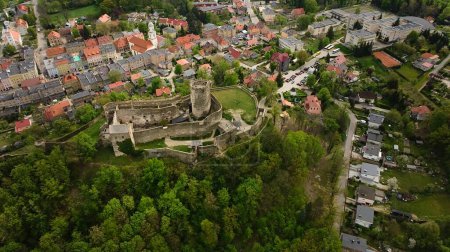 Bird's-eye perspective showcases Bolkow Castle, a historic landmark in Dolnolaskie, Poland.