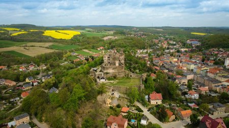 Aerial shot captures the medieval Bolkow Castle in Lower Silesia, Poland.